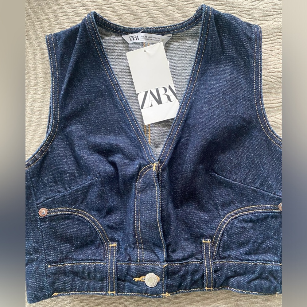 ZARA Dark Blue Sleeveless Cropped Denim Vest/Top - Size XS - NEW